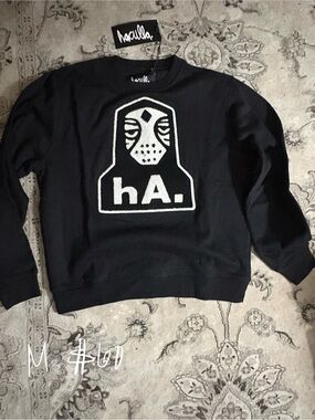 hA. Black Graphic Crewneck Sweater by